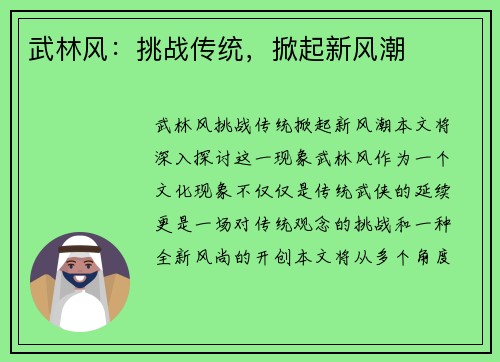 武林风：挑战传统，掀起新风潮