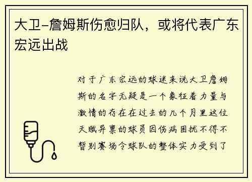 大卫-詹姆斯伤愈归队，或将代表广东宏远出战