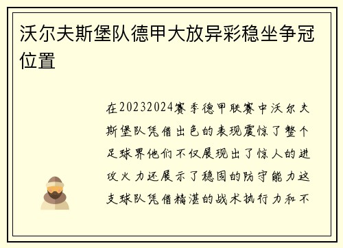 沃尔夫斯堡队德甲大放异彩稳坐争冠位置